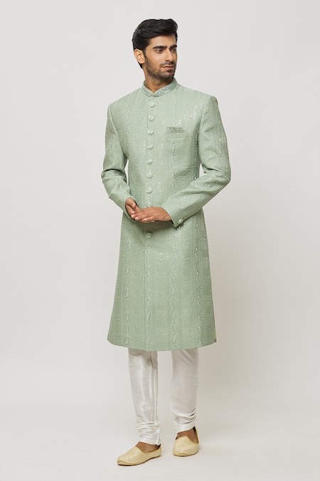 Arihant Rai Sinha_Green Silk, Faux Leather Sequins Canna Bloom Embroidered Sherwani Set _at_Aza_Fashions