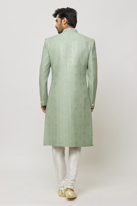 Arihant Rai Sinha_Green Silk, Faux Leather Sequins Canna Bloom Embroidered Sherwani Set _Online_at_Aza_Fashions