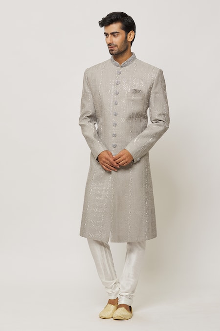 Buy Arihant Rai Sinha Grey Silk Sequins Tiger Lily Bloom Embroidered Sherwani Set Online at Aza Fashions Buy_Arihant Rai Sinha_Grey Silk Sequins Tiger Lily Bloom Embroidered Sherwani Set _Online_at_Aza_Fashions