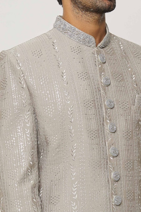 Shop Arihant Rai Sinha Grey Silk Sequins Tiger Lily Bloom Embroidered Sherwani Set Online at Aza Fashions Shop_Arihant Rai Sinha_Grey Silk Sequins Tiger Lily Bloom Embroidered Sherwani Set _Online_at_Aza_Fashions