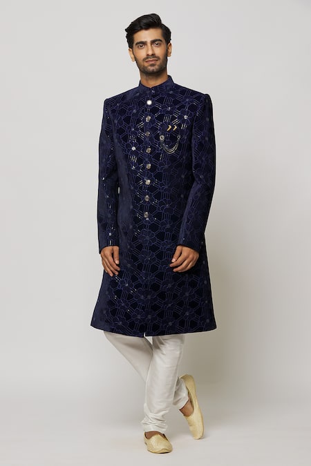 Aryavir Malhotra Midnight Iris Embroidered Sherwani Set 