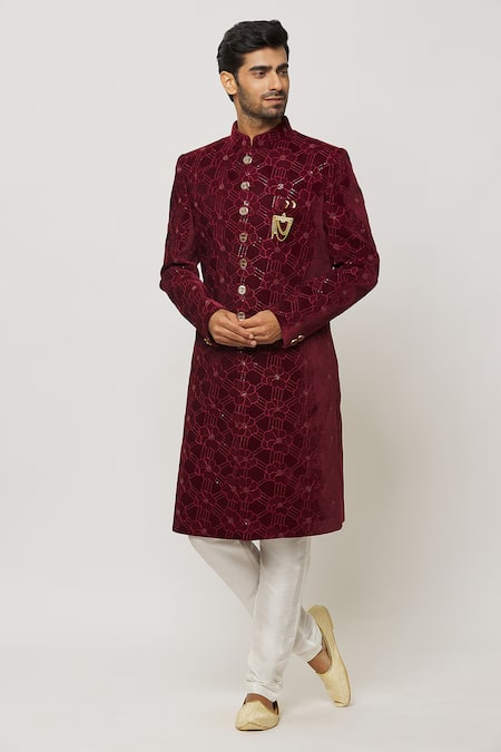 Aryavir Malhotra Maroon Dupion Art Silk Embroidery Rafflesia Sherwani Set 