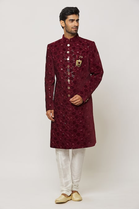 Arihant Rai Sinha Maroon Denim, Silk Embroidery, Sequins Rafflesia Sherwani Set Online at Aza Fashions Arihant Rai Sinha_Maroon Denim, Silk Embroidery, Sequins Rafflesia Sherwani Set _Online_at_Aza_Fashions