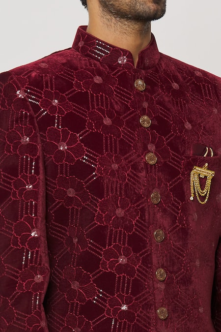 Buy Arihant Rai Sinha Maroon Denim, Silk Embroidery, Sequins Rafflesia Sherwani Set Online at Aza Fashions Buy_Arihant Rai Sinha_Maroon Denim, Silk Embroidery, Sequins Rafflesia Sherwani Set _Online_at_Aza_Fashions