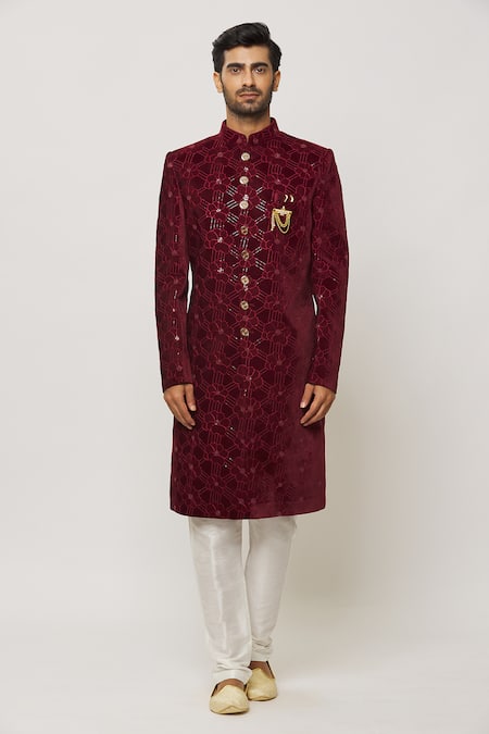 Arihant Rai Sinha Maroon Denim, Silk Embroidery, Sequins Rafflesia Sherwani Set at Aza Fashions Arihant Rai Sinha_Maroon Denim, Silk Embroidery, Sequins Rafflesia Sherwani Set _at_Aza_Fashions