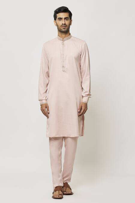 Shop Arihant Rai Sinha Pink Silk Embroidery Thread Work Collar Straight Kurta Online at Aza Fashions Shop_Arihant Rai Sinha_Pink Silk Embroidery Thread Work Collar Straight Kurta _Online_at_Aza_Fashions