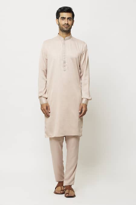 Arihant Rai Sinha_Peach Silk Embroidery Thread Work Placket Straight Kurta _Online_at_Aza_Fashions