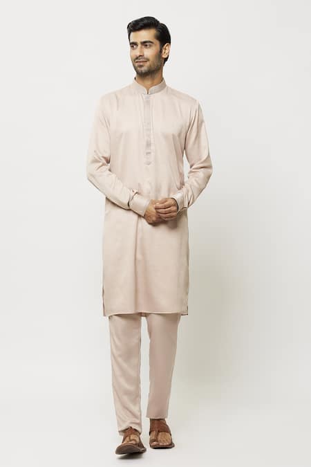 Buy_Arihant Rai Sinha_Peach Silk Embroidery Thread Work Placket Straight Kurta _Online_at_Aza_Fashions