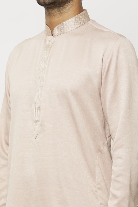 Shop_Arihant Rai Sinha_Peach Silk Embroidery Thread Work Placket Straight Kurta _Online_at_Aza_Fashions
