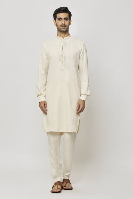 Samyukta Singhania Cream Silk Embroidery Thread Work Placket Kurta Online at Aza Fashions Samyukta Singhania_Cream Silk Embroidery Thread Work Placket Kurta_Online_at_Aza_Fashions