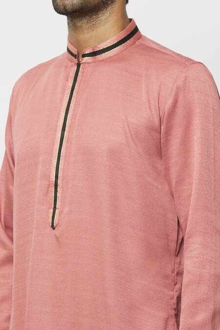 Shop_Samyukta Singhania_Pink Silk Embroidery Thread Work Mandarin Collar Kurta_Online_at_Aza_Fashions