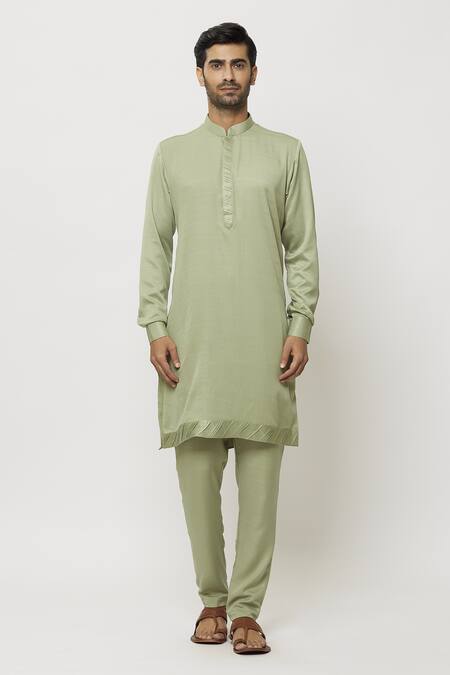 Samyukta Singhania Green Silk Pintucked Bordered Solid Kurta Online at Aza Fashions Samyukta Singhania_Green Silk Pintucked Bordered Solid Kurta_Online_at_Aza_Fashions