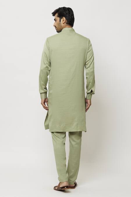 Shop Samyukta Singhania Green Silk Pintucked Bordered Solid Kurta at Aza Fashions Shop_Samyukta Singhania_Green Silk Pintucked Bordered Solid Kurta_at_Aza_Fashions