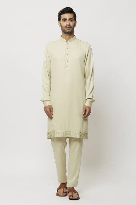 Samyukta Singhania Beige Silk Pintucked Bordered Plain Kurta Online at Aza Fashions Samyukta Singhania_Beige Silk Pintucked Bordered Plain Kurta_Online_at_Aza_Fashions