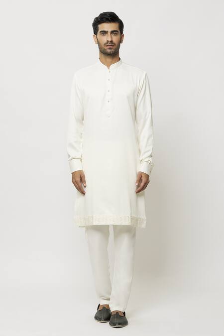 Samyukta Singhania Cream Silk Pintucked Bordered Straight Kurta Online at Aza Fashions Samyukta Singhania_Cream Silk Pintucked Bordered Straight Kurta_Online_at_Aza_Fashions