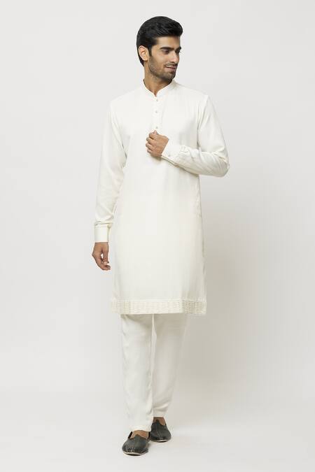Buy Samyukta Singhania Cream Silk Pintucked Bordered Straight Kurta Online at Aza Fashions Buy_Samyukta Singhania_Cream Silk Pintucked Bordered Straight Kurta_Online_at_Aza_Fashions