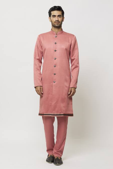 Samyukta Singhania_Pink Silk Embroidery Mandarin Collar Kurta_Online_at_Aza_Fashions