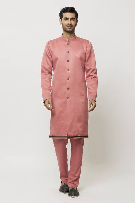 Shop_Samyukta Singhania_Pink Silk Embroidery Mandarin Collar Kurta_Online_at_Aza_Fashions