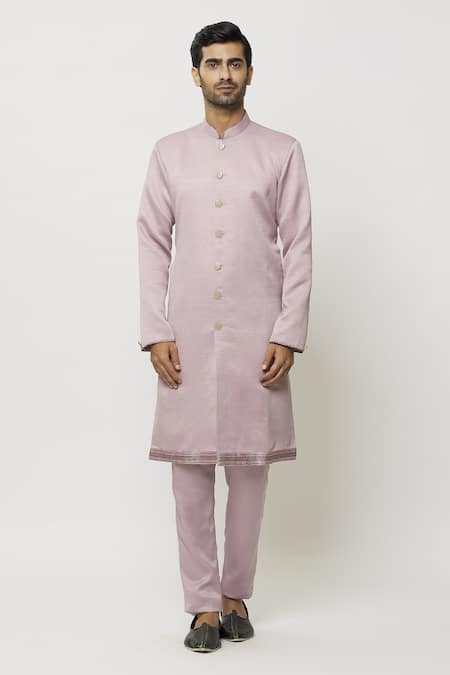 Arihant Rai Sinha Pink Silk Embroidery Thread Border Kurta Online at Aza Fashions Arihant Rai Sinha_Pink Silk Embroidery Thread Border Kurta _Online_at_Aza_Fashions