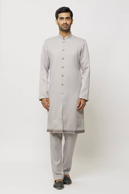 Arihant Rai Sinha Grey Chanderi Silk Embroidery Border Kurta Online at Aza Fashions Arihant Rai Sinha_Grey Chanderi Silk Embroidery Border Kurta _Online_at_Aza_Fashions
