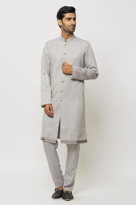 Buy Arihant Rai Sinha Grey Chanderi Silk Embroidery Border Kurta Online at Aza Fashions Buy_Arihant Rai Sinha_Grey Chanderi Silk Embroidery Border Kurta _Online_at_Aza_Fashions