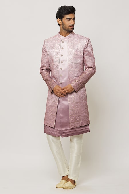 Aryavir Malhotra Pink Sherwani Art Silk Embroidered Shaded Thread Work Jacket Aligadi Pant Set 