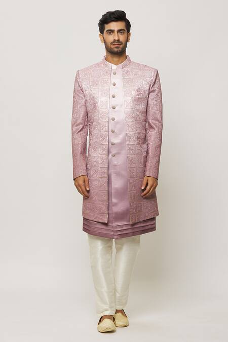 Buy_Arihant Rai Sinha_Pink Silk, Faux Leather Shaded Thread Work Sherwani Jacket Aligadi Pant Set _Online_at_Aza_Fashions