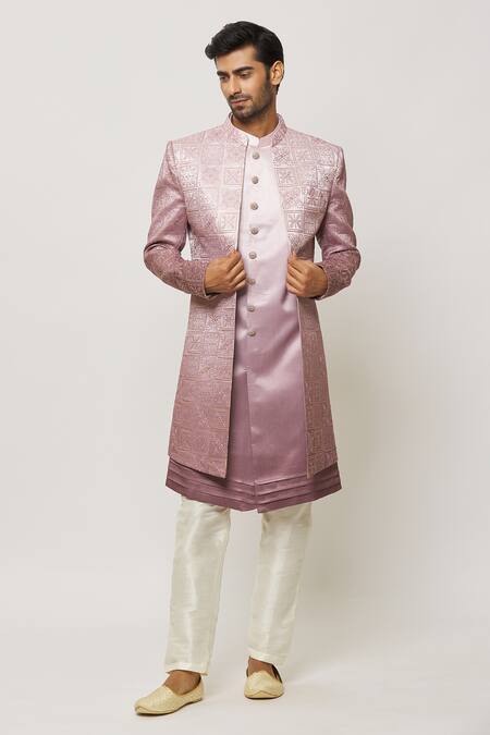 Shop_Arihant Rai Sinha_Pink Silk, Faux Leather Shaded Thread Work Sherwani Jacket Aligadi Pant Set _Online_at_Aza_Fashions