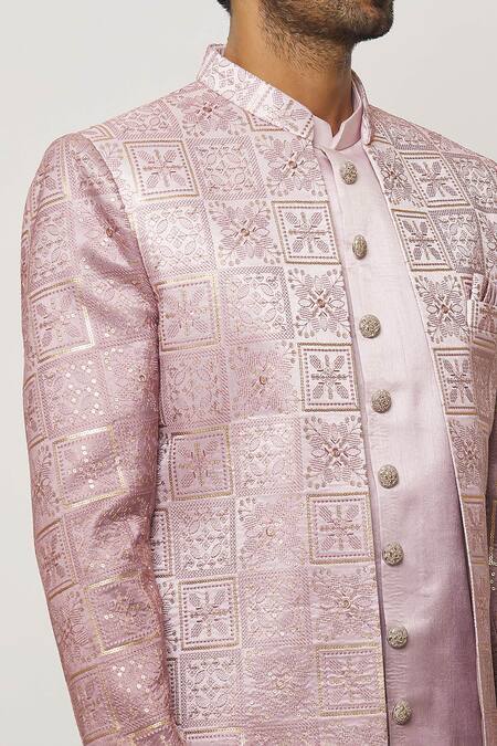 Arihant Rai Sinha_Pink Silk, Faux Leather Shaded Thread Work Sherwani Jacket Aligadi Pant Set _at_Aza_Fashions