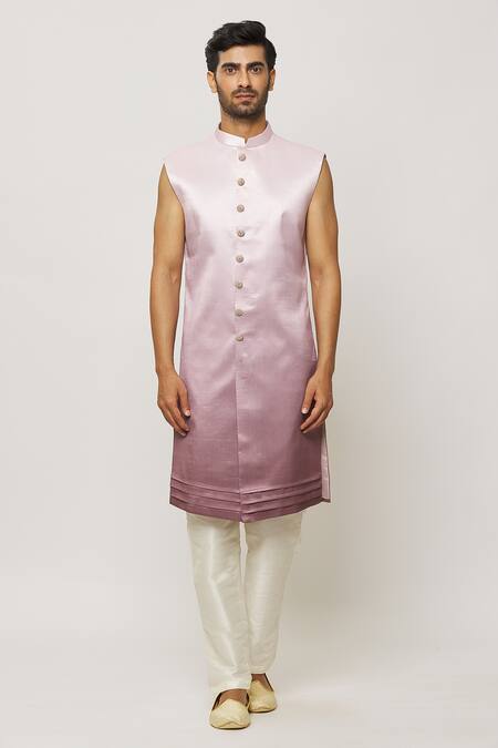Buy_Arihant Rai Sinha_Pink Silk, Faux Leather Shaded Thread Work Sherwani Jacket Aligadi Pant Set 