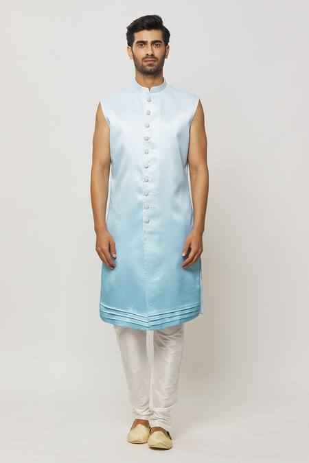 Arihant Rai Sinha_Blue Silk Embroidery Thread Work Sherwani Jacket Aligadi Pant Set _Online_at_Aza_Fashions