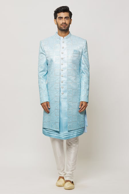 Buy_Arihant Rai Sinha_Blue Silk Embroidery Thread Work Sherwani Jacket Aligadi Pant Set _Online_at_Aza_Fashions