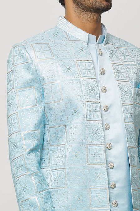 Shop_Arihant Rai Sinha_Blue Silk Embroidery Thread Work Sherwani Jacket Aligadi Pant Set _Online_at_Aza_Fashions