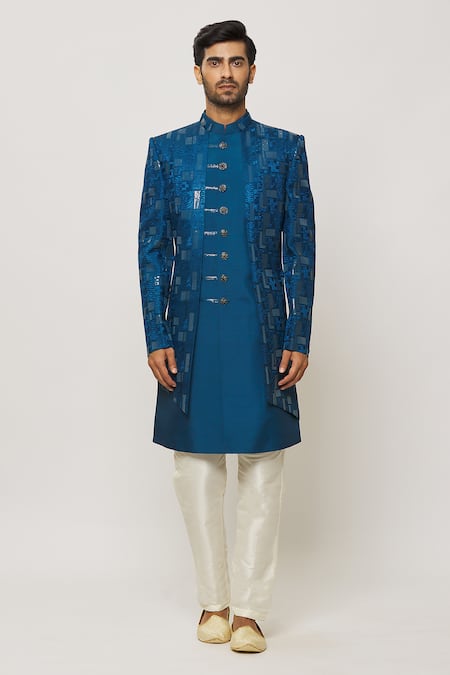 Arihant Rai Sinha_Blue Silk, Faux Leather Sequins, Embroidery And Thread Sherwani Set _Online_at_Aza_Fashions