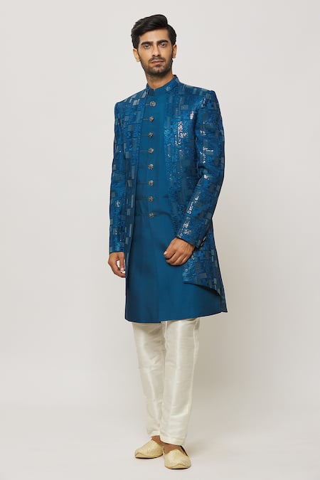Buy_Arihant Rai Sinha_Blue Silk, Faux Leather Sequins, Embroidery And Thread Sherwani Set _Online_at_Aza_Fashions