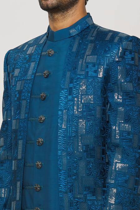 Shop_Arihant Rai Sinha_Blue Silk, Faux Leather Sequins, Embroidery And Thread Sherwani Set _Online_at_Aza_Fashions