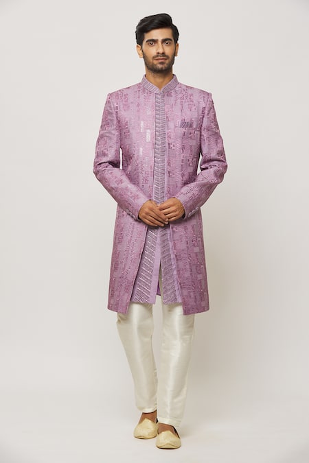 Aryavir Malhotra Purple Sherwani Art Silk Embroidered Thread And Sequin Set 