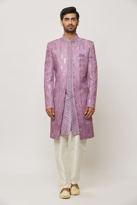 Buy_Arihant Rai Sinha_Purple Silk, Faux Leather Sequins, Embroidery Sherwani Set _Online_at_Aza_Fashions