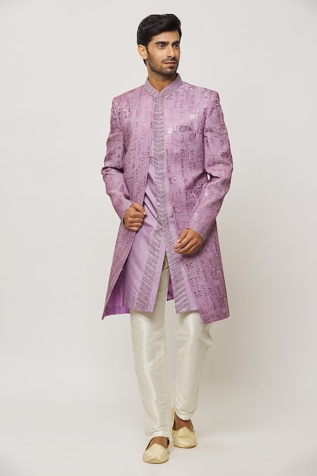 Shop_Arihant Rai Sinha_Purple Silk, Faux Leather Sequins, Embroidery Sherwani Set _Online_at_Aza_Fashions