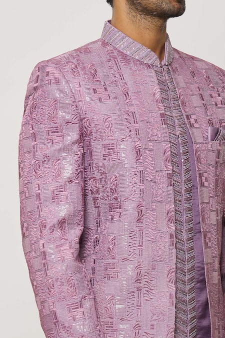 Arihant Rai Sinha_Purple Silk, Faux Leather Sequins, Embroidery Sherwani Set _at_Aza_Fashions