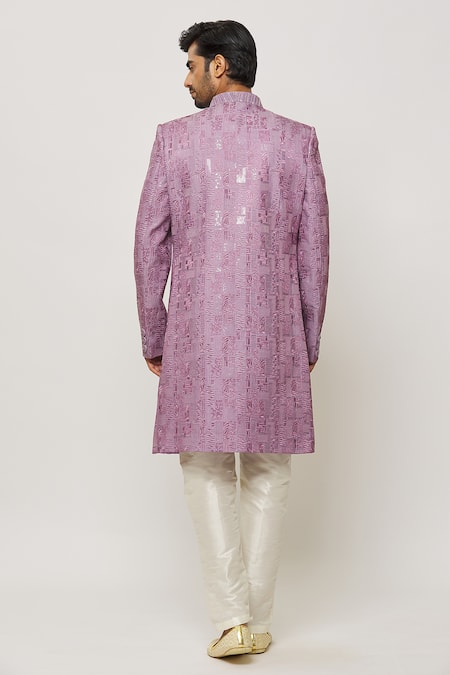 Arihant Rai Sinha_Purple Silk, Faux Leather Sequins, Embroidery Sherwani Set _Online_at_Aza_Fashions