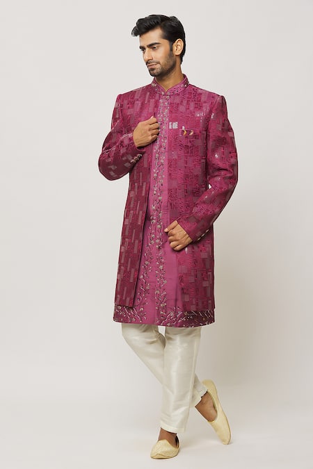 Aryavir Malhotra Floral Thread & Bead Embroidered Sherwani Set 