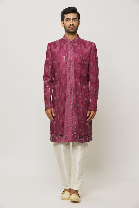 Arihant Rai Sinha_Pink Silk Beads, Embroidery Floral Thread And Sherwani Set _Online_at_Aza_Fashions