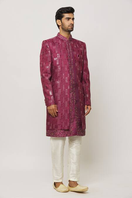 Buy_Arihant Rai Sinha_Pink Silk Beads, Embroidery Floral Thread And Sherwani Set _Online_at_Aza_Fashions