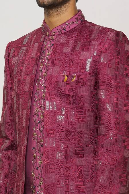 Shop_Arihant Rai Sinha_Pink Silk Beads, Embroidery Floral Thread And Sherwani Set _Online_at_Aza_Fashions