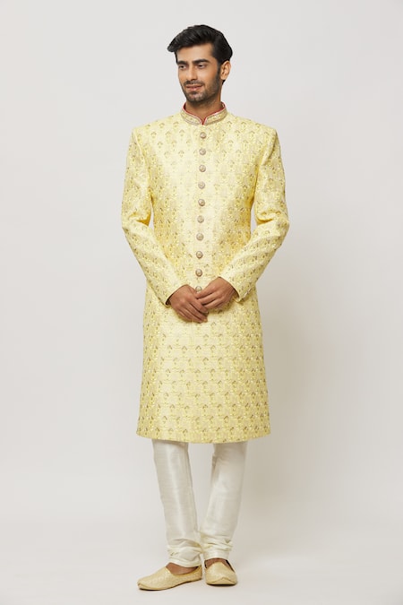 Aryavir Malhotra Yellow Sherwani Art Silk Embroidered Thread Set 