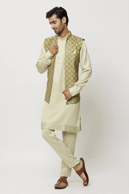 Arihant Rai Sinha Green Silk Embroidery Mughal Print Art Nehru Jacket Online at Aza Fashions Arihant Rai Sinha_Green Silk Embroidery Mughal Print Art Nehru Jacket _Online_at_Aza_Fashions