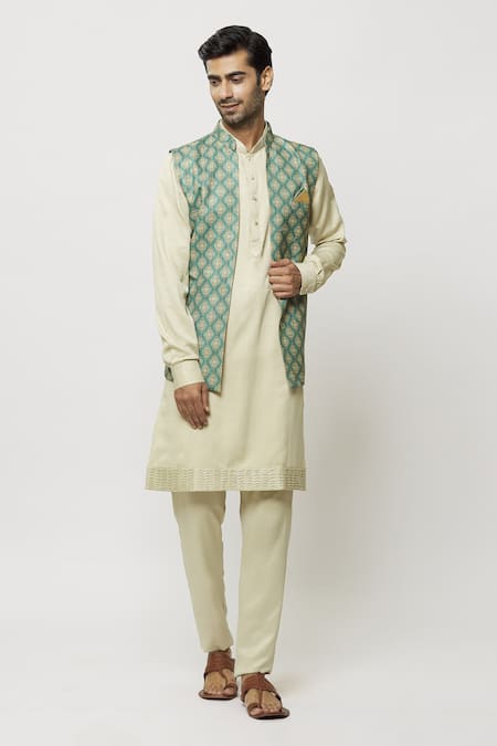 Arihant Rai Sinha Green Silk Sleeveless Mughal Print Nehru Jacket Online at Aza Fashions Arihant Rai Sinha_Green Silk Sleeveless Mughal Print Nehru Jacket _Online_at_Aza_Fashions