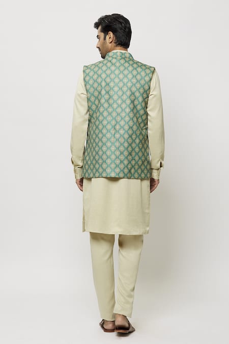 Shop Arihant Rai Sinha Green Silk Sleeveless Mughal Print Nehru Jacket at Aza Fashions Shop_Arihant Rai Sinha_Green Silk Sleeveless Mughal Print Nehru Jacket _at_Aza_Fashions