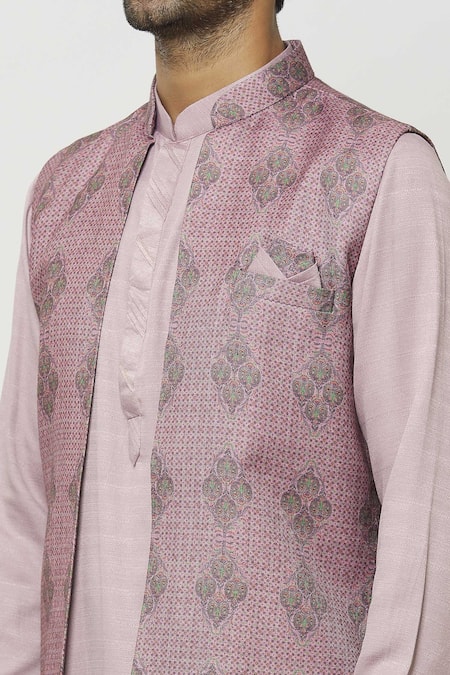 Buy_Arihant Rai Sinha_Pink Silk Embroidery Mughal Print Nehru Jacket _Online_at_Aza_Fashions